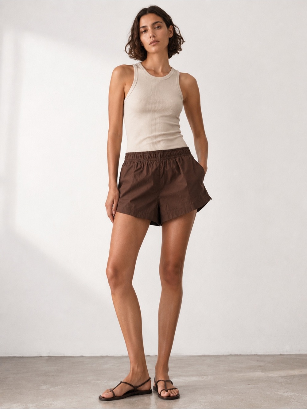 ZARA Cotton Poplin Brown Women's Elastic-Waist Shorts. L NWT